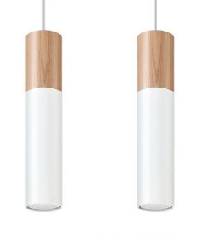Schlanke zweifarbige LED Pendelleuchte PABLO 2-flammig weiß Holz und Stahl inkl. LED warmweiß 2x7W