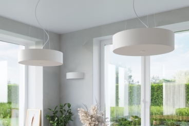 ArtNr: 2 - Design Hängelampe 60cm Stoff-Lampenschirm weiß flach inkl. LED warmweiß 5x7,5W