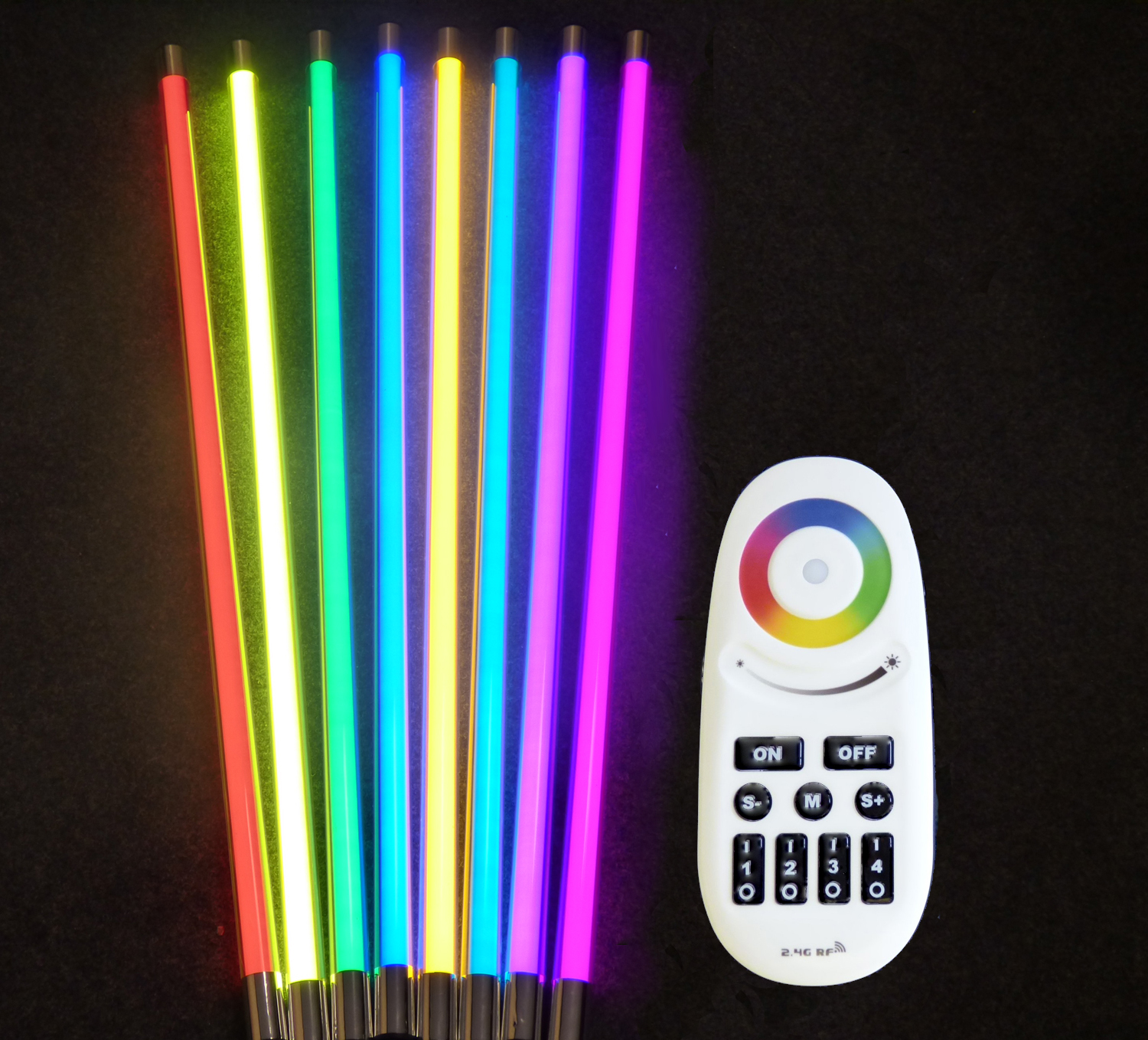 LED RGB Leuchtstab 63cm 4 Zonen Funk Fernbedienung Netzteil weiße Endkappen