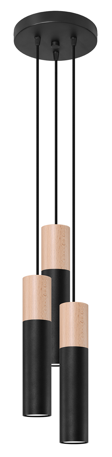 Schlanke zweifarbige LED Pendelleuchte PABLO PULK 3-flammig schwarz Holz und Stahl inkl. LED warmweiß 3x7W