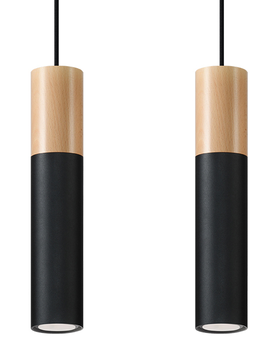Schlanke zweifarbige LED Pendelleuchte PABLO 2-flammig schwarz Holz und Stahl inkl. LED warmweiß 2x7W