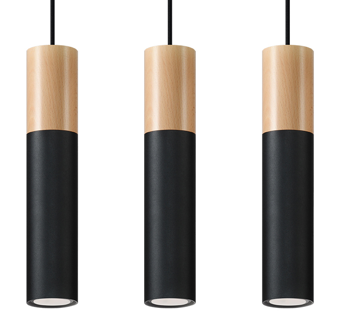 Schlanke zweifarbige LED Pendelleuchte PABLO 3-flammig schwarz Holz und Stahl inkl. LED warmweiß 3x7W